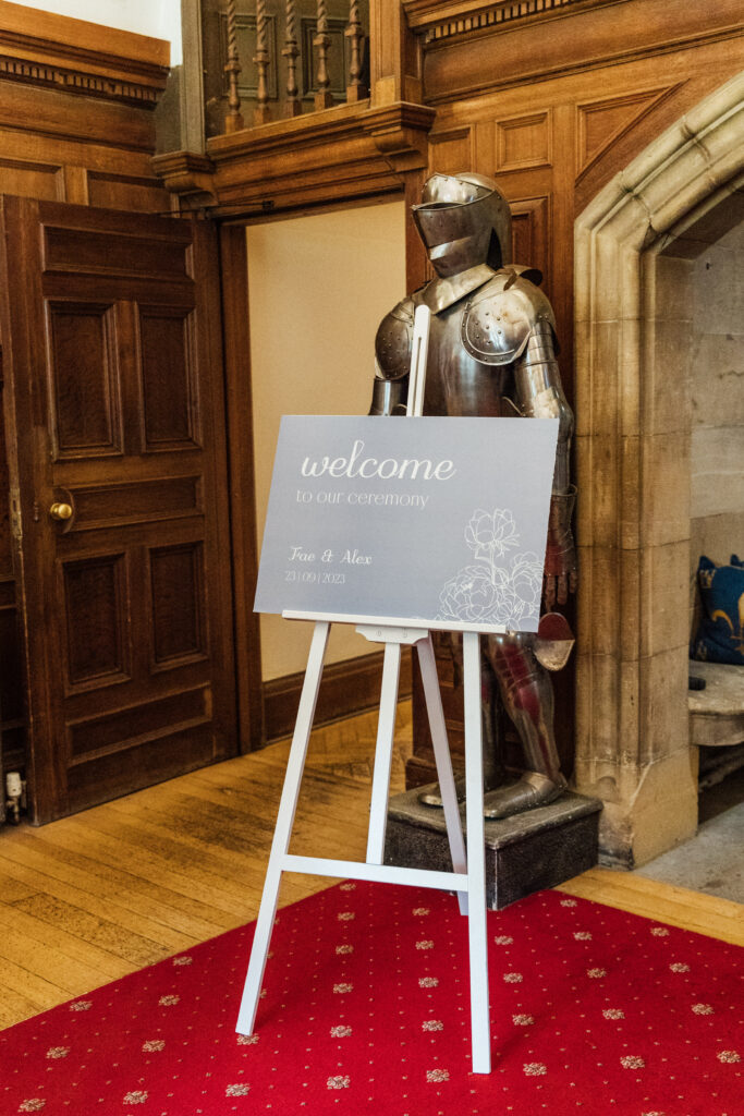 welcome sign at Carberry Tower wedding