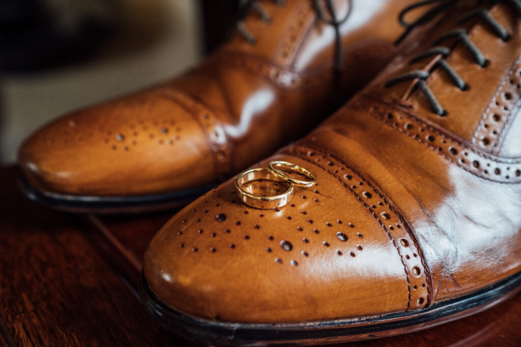 groom shoes and rings at Carberry Tower wedding