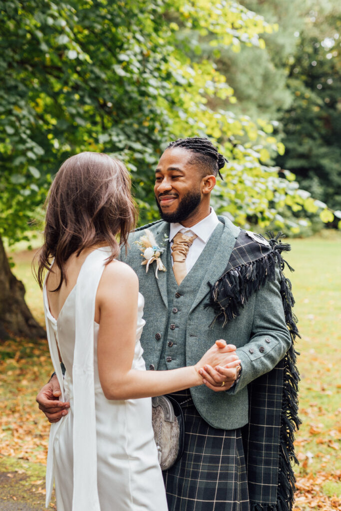 Bride and groom portrait at Carberry Tower wedding