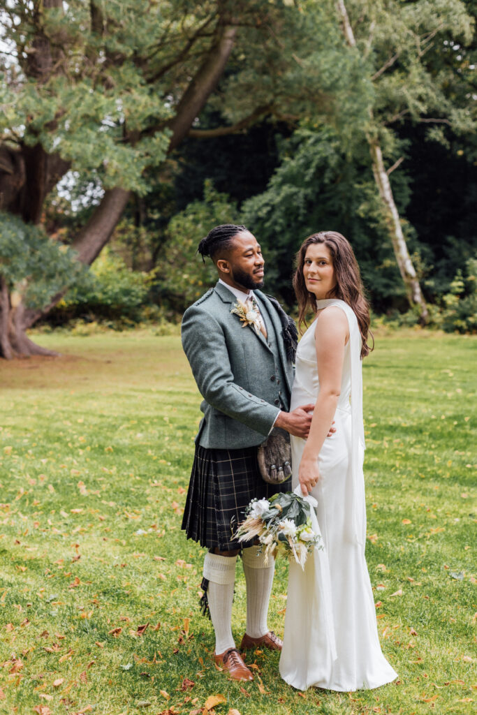 Bride and groom portrait at Carberry Tower wedding