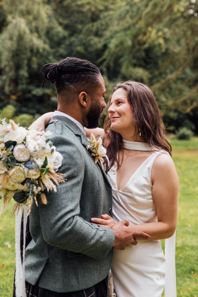 Bride and groom portrait at Carberry Tower wedding