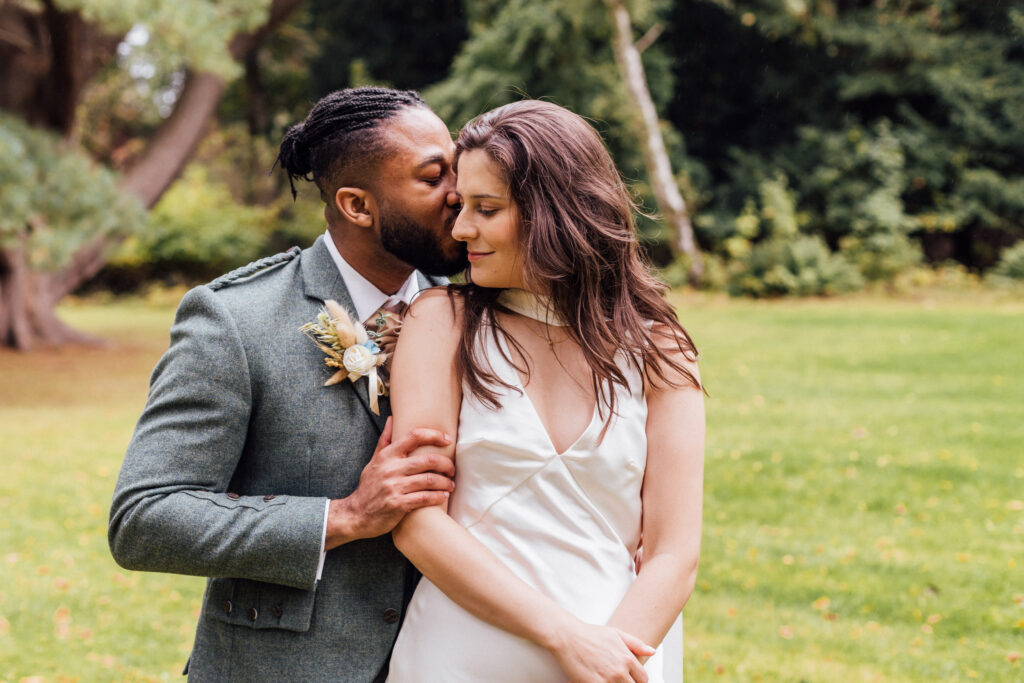 Bride and groom portrait at Carberry Tower wedding