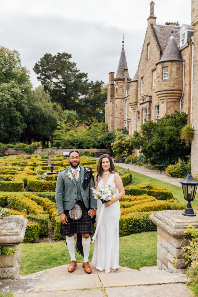 Bride and groom portrait at Carberry Tower wedding