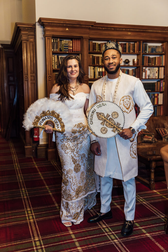 Bride and groom in Nigerian attire at Carberry Tower wedding